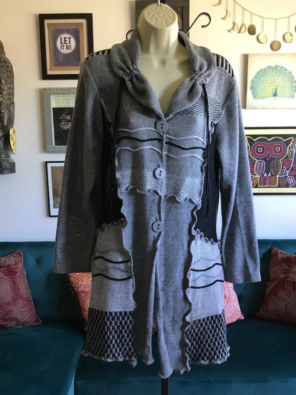 Artsy Patchwork Gray & Black Textured Wearable Art Sweater Jacket size M / L